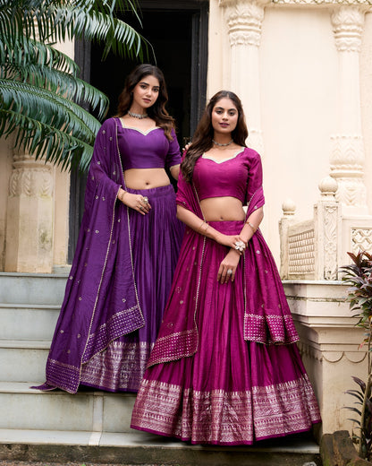 Chanderi Lehenga Set With Sequins Embellished Dupatta