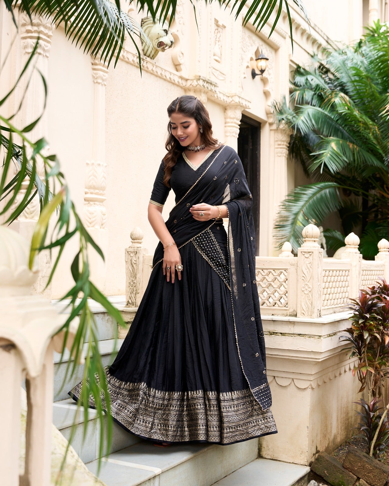 Chanderi Lehenga Set With Sequins Embellished Dupatta