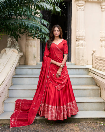 Chanderi Lehenga Set With Sequins Embellished Dupatta