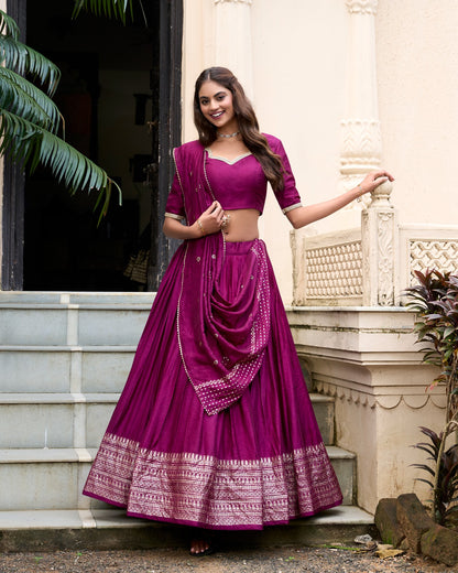 Chanderi Lehenga Set With Sequins Embellished Dupatta