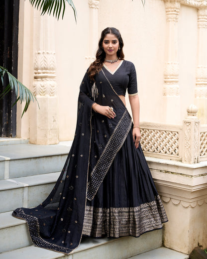 Chanderi Lehenga Set With Sequins Embellished Dupatta