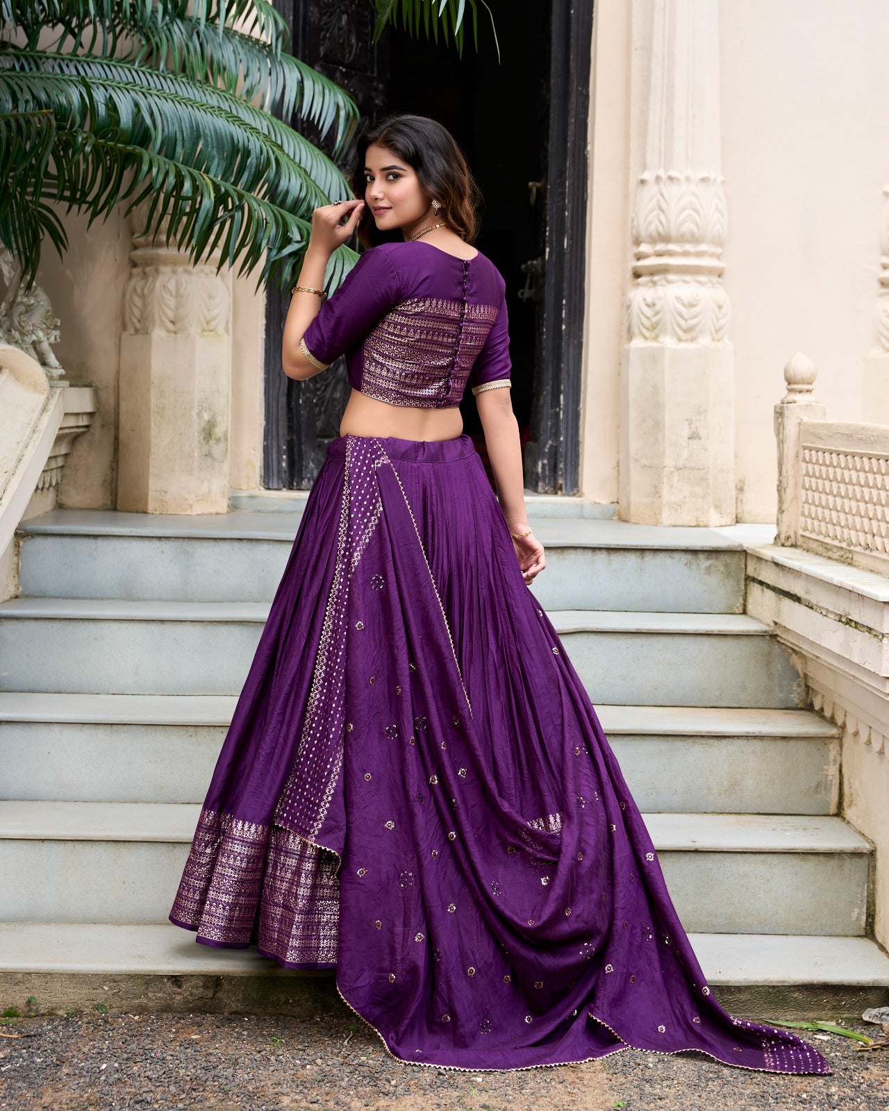 Chanderi Lehenga Set With Sequins Embellished Dupatta