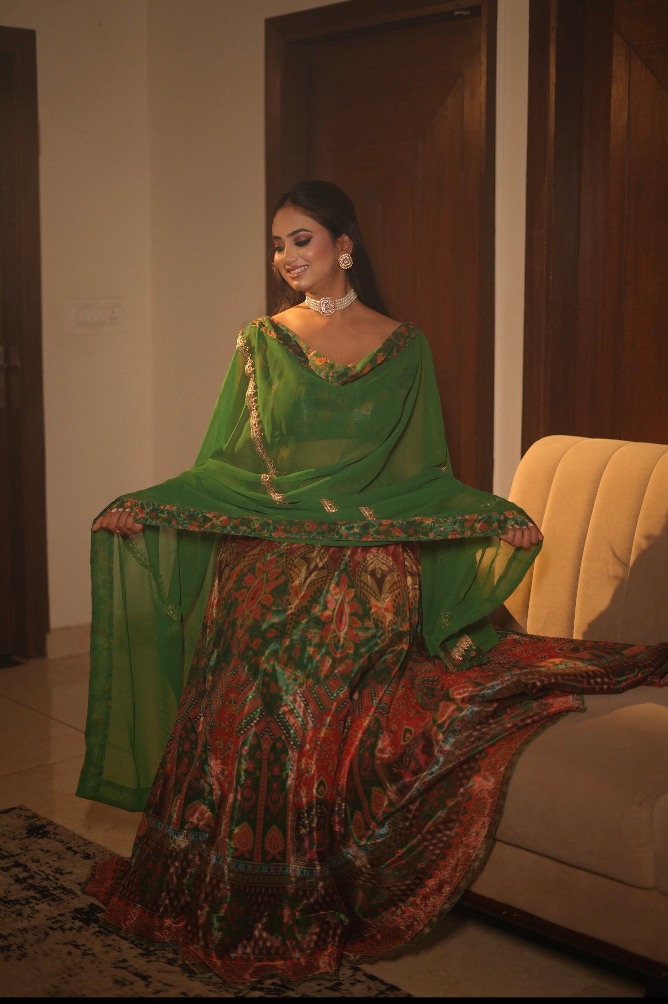 Green Organza Lehenga with Printed Design