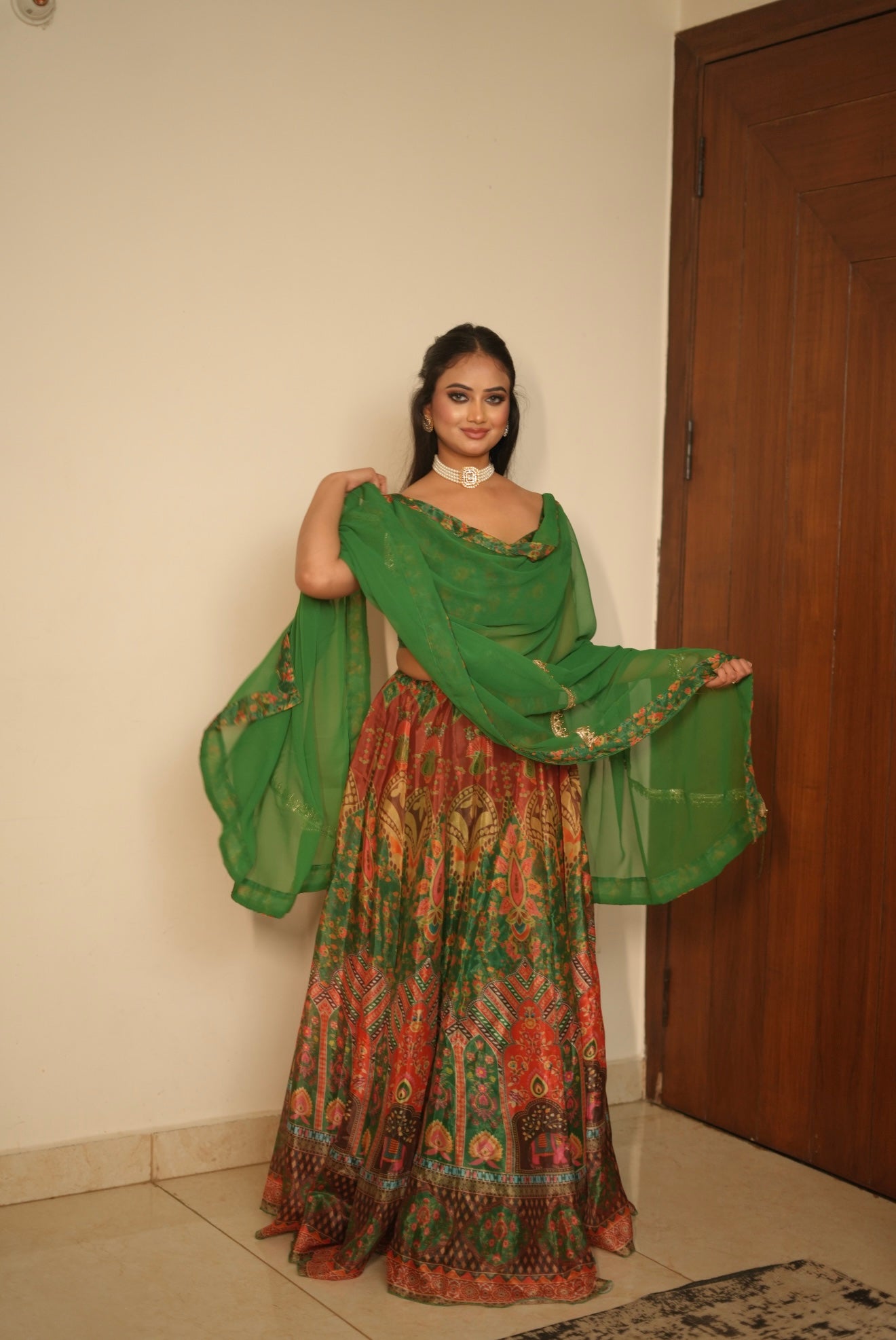 Green Organza Lehenga with Printed Design