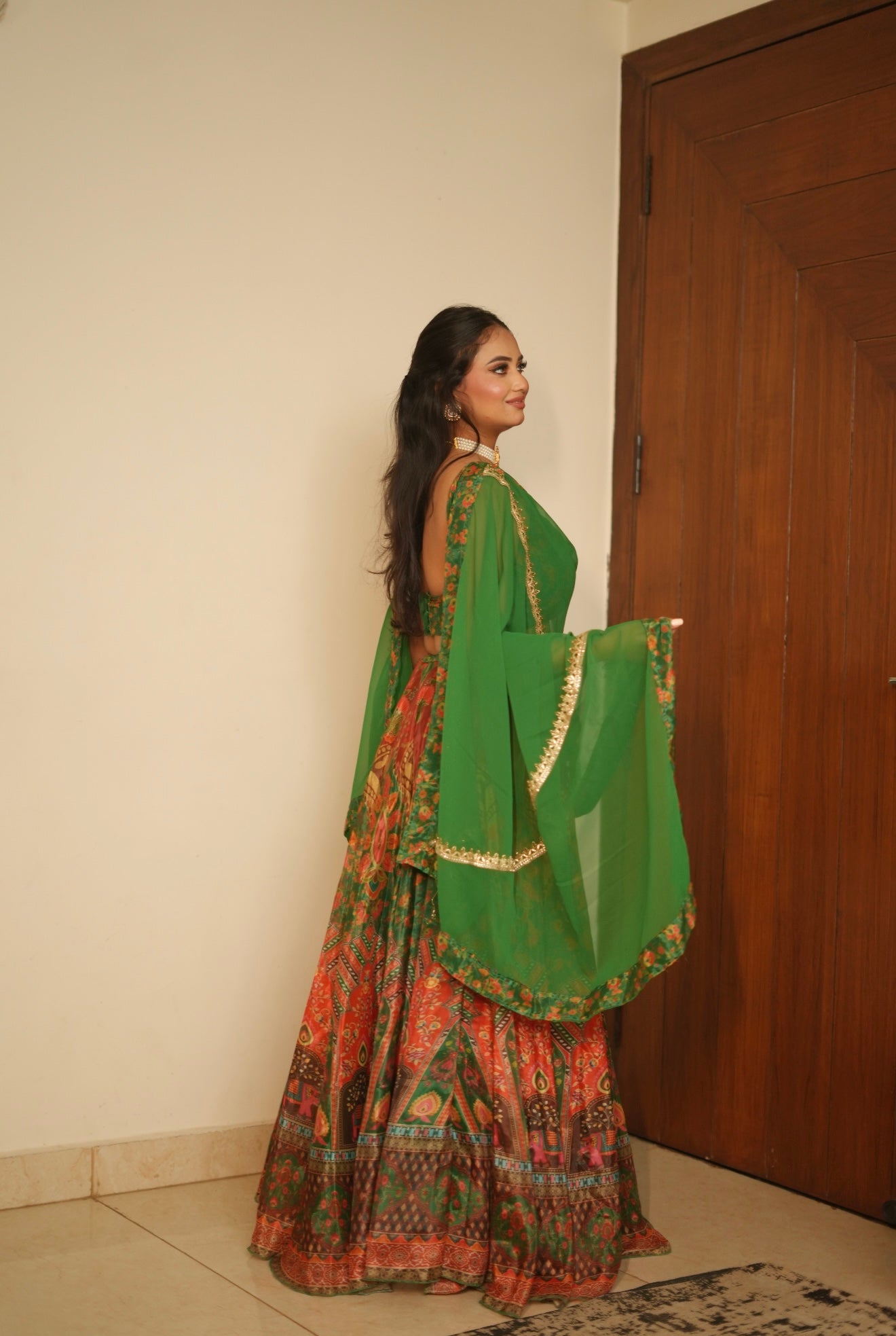 Green Organza Lehenga with Printed Design