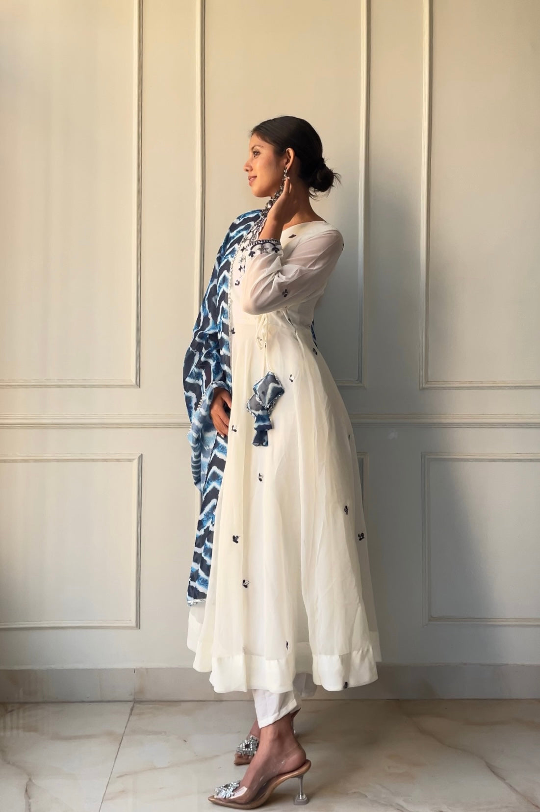 White Anarkali Suit With Indigo Dupatta