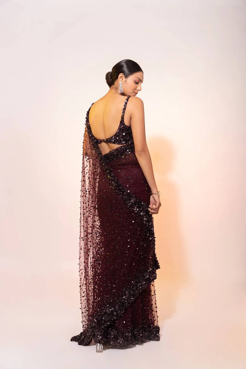 Dark Maroon Perfect Sequin Saree