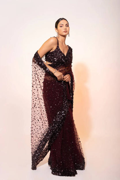 Dark Maroon Perfect Sequin Saree