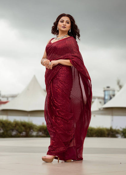 Red Georgette Sequin Saree