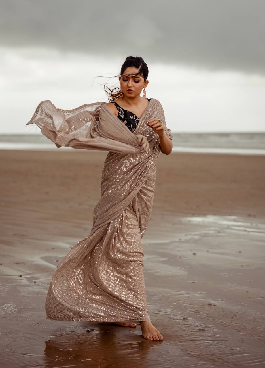 Golden Sequins Saree with Embroidered Blouse