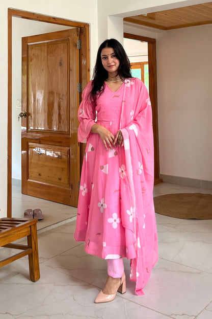 Soft Pink Printed Gown With Balloon Sleeves