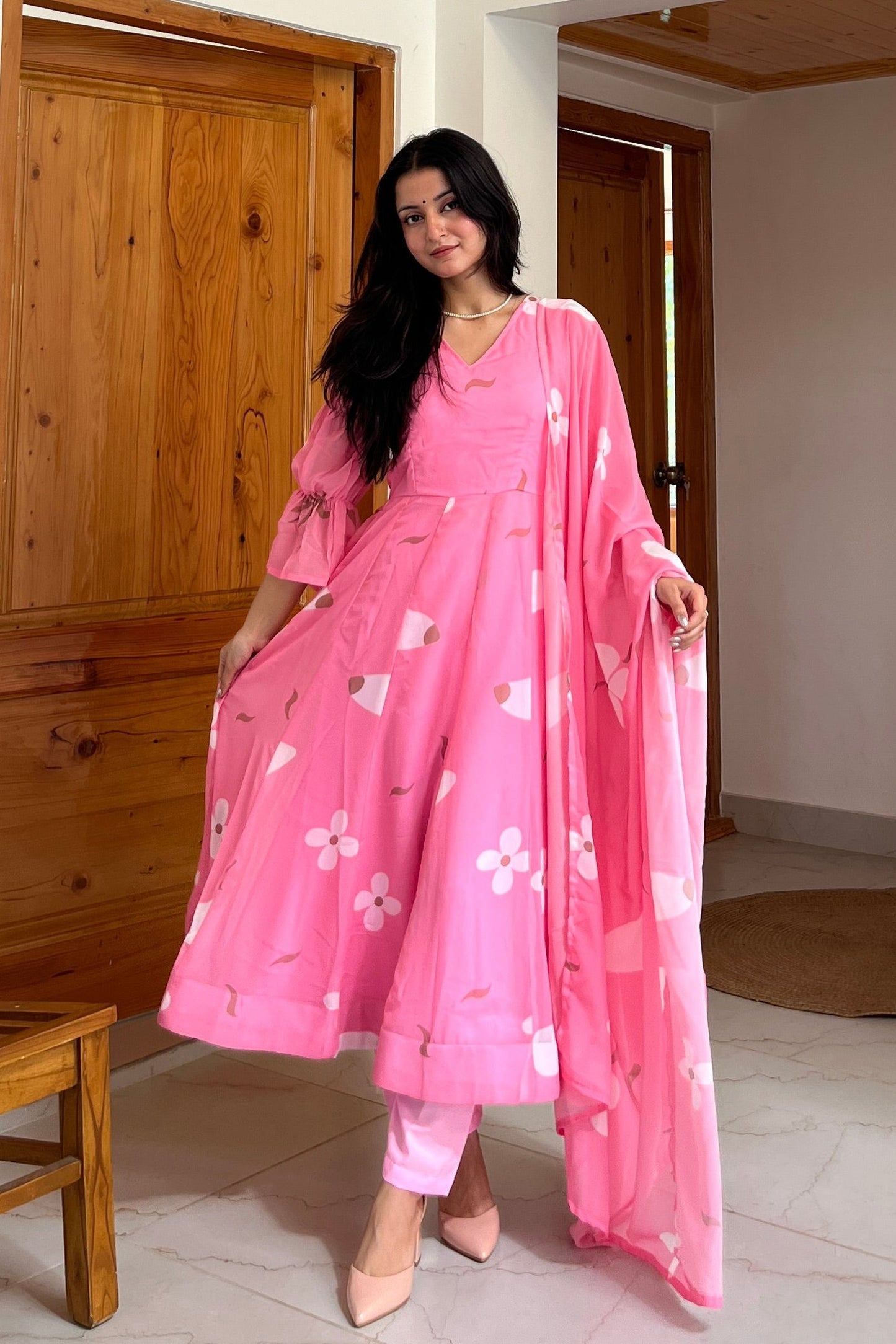 Soft Pink Printed Gown With Balloon Sleeves