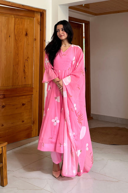 Soft Pink Printed Gown With Balloon Sleeves