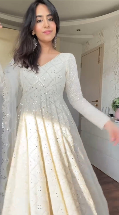 Attractive White Lakhnavi  Anarkali