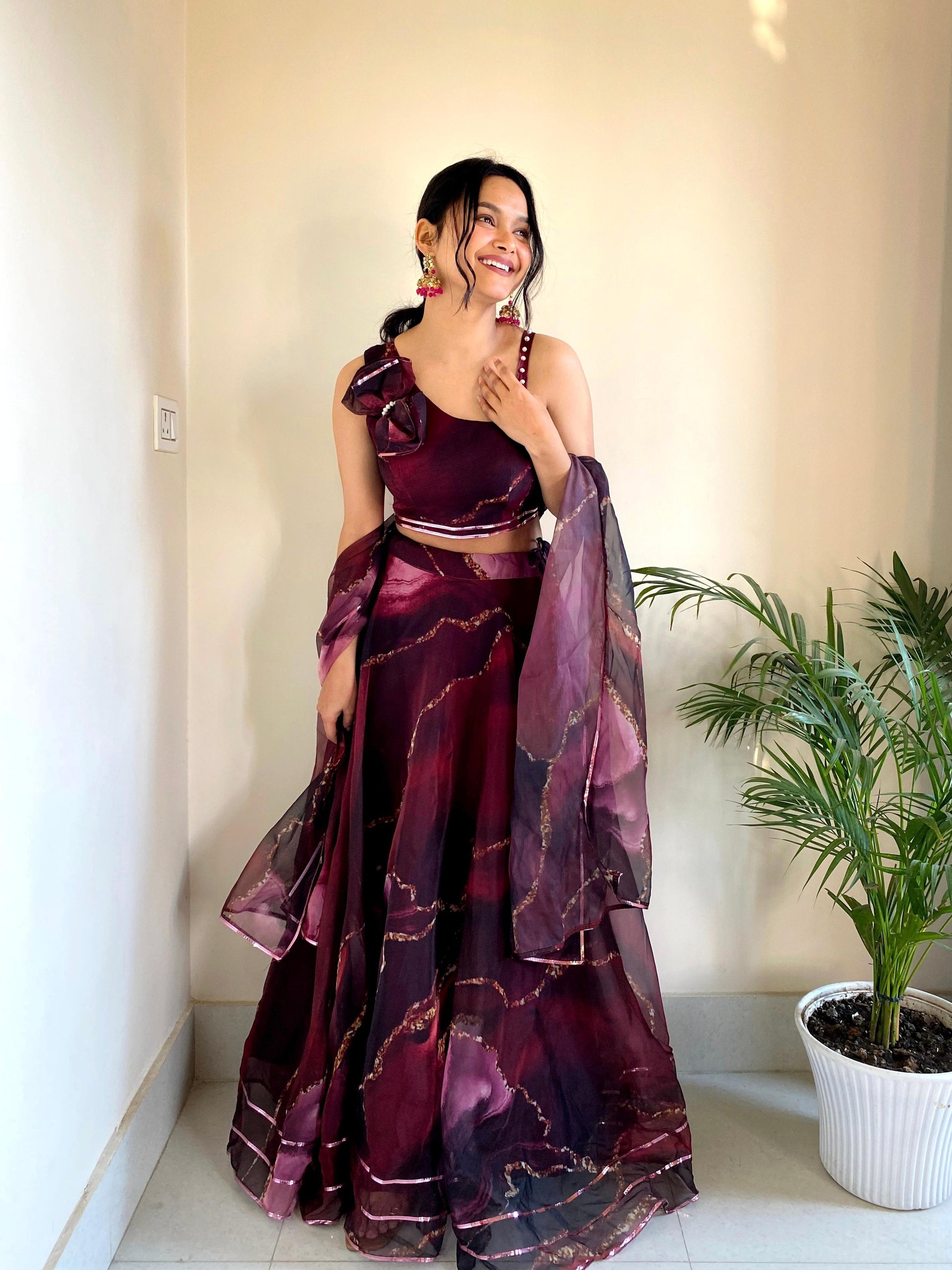 Maroon Organza Printed Lehenga with cute Small Bag - Gracious You