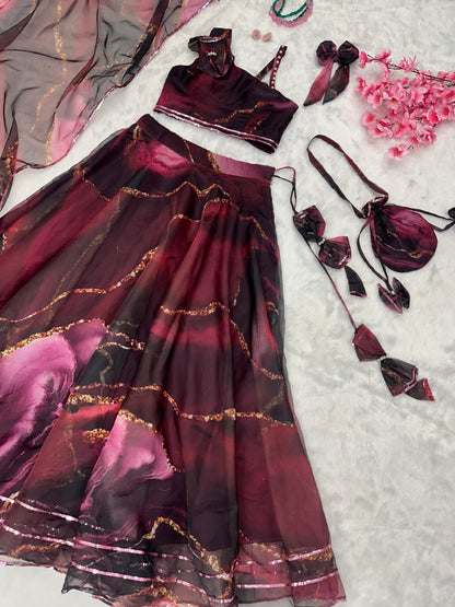 Maroon Organza Printed Lehenga with cute Small Bag - Gracious You