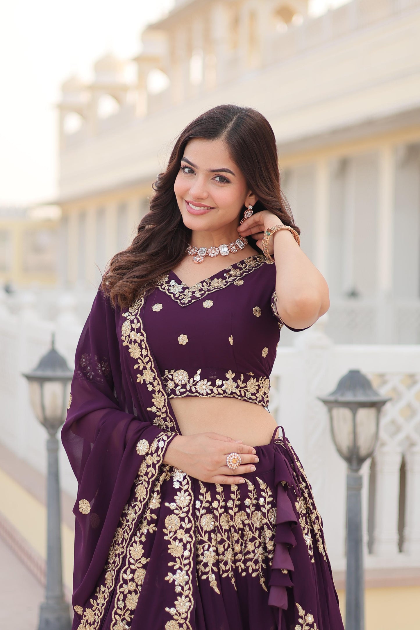 Wine Embroidered Lehenga Set - Gracious You