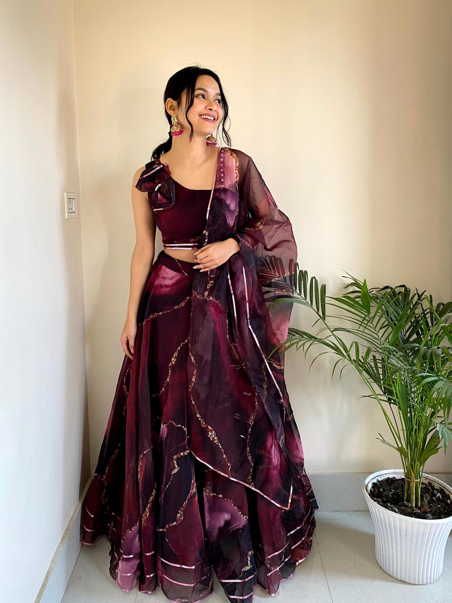 Maroon Organza Printed Lehenga with cute Small Bag - Gracious You