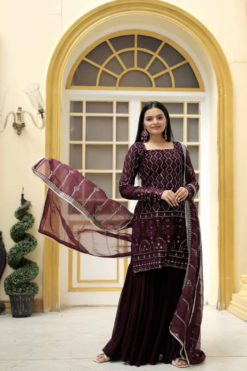 Sequins Embellished Kurta Sharara Set - Gracious You