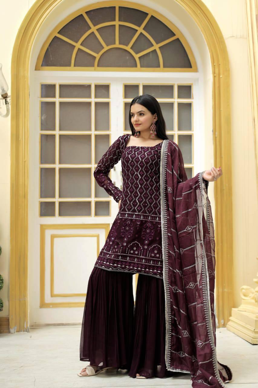 Sequins Embellished Kurta Sharara Set - Gracious You